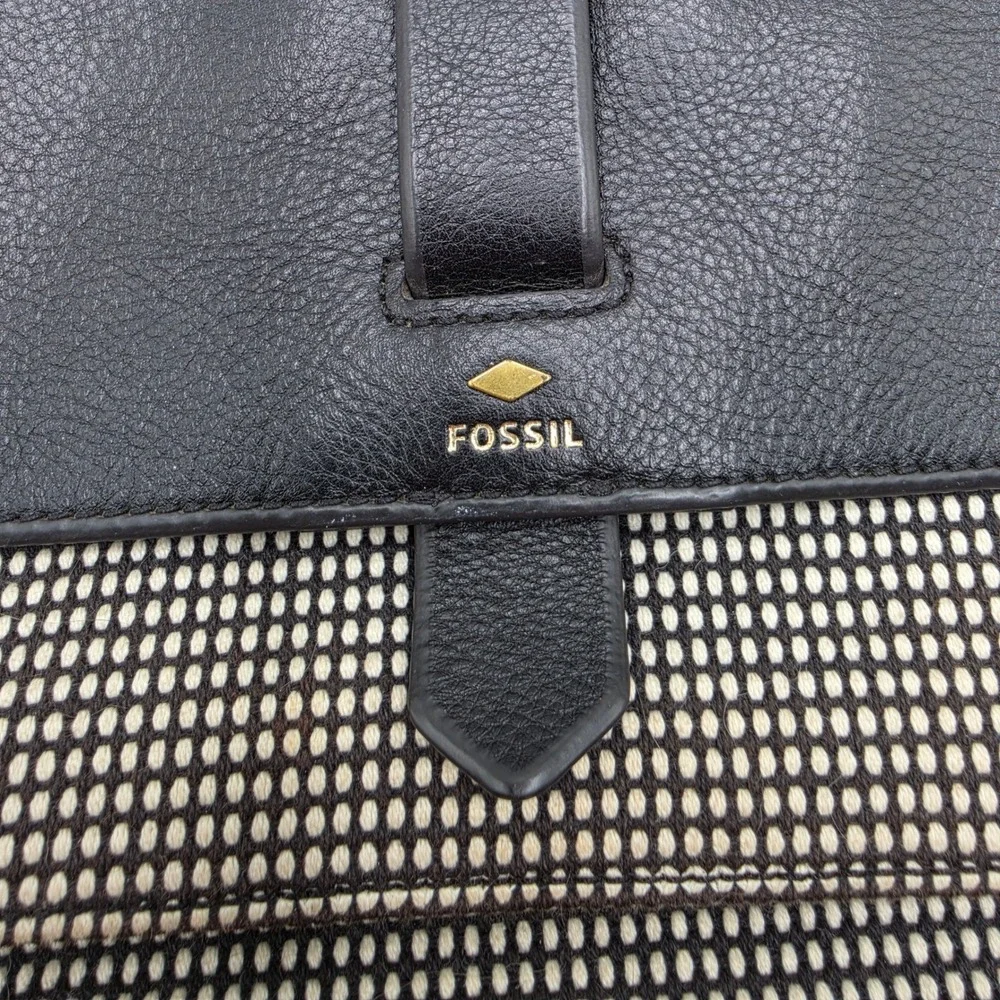 Fossil Crossbody Bag Black Cream Woven Fabric Leather Messenger Brass Hardware